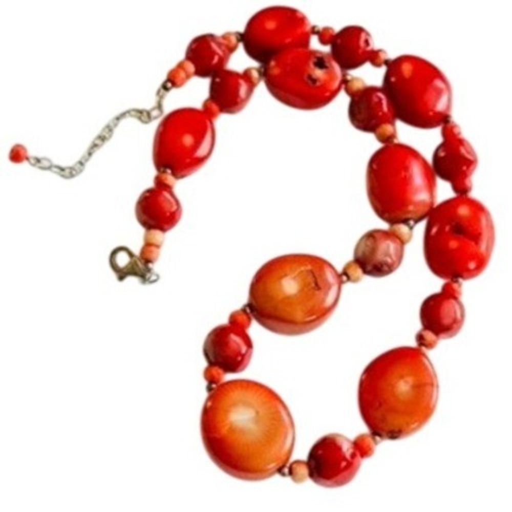 VTG Red Bamboo Coral Natural Beaded Necklace Collar Sterling silver 925 rare 20"